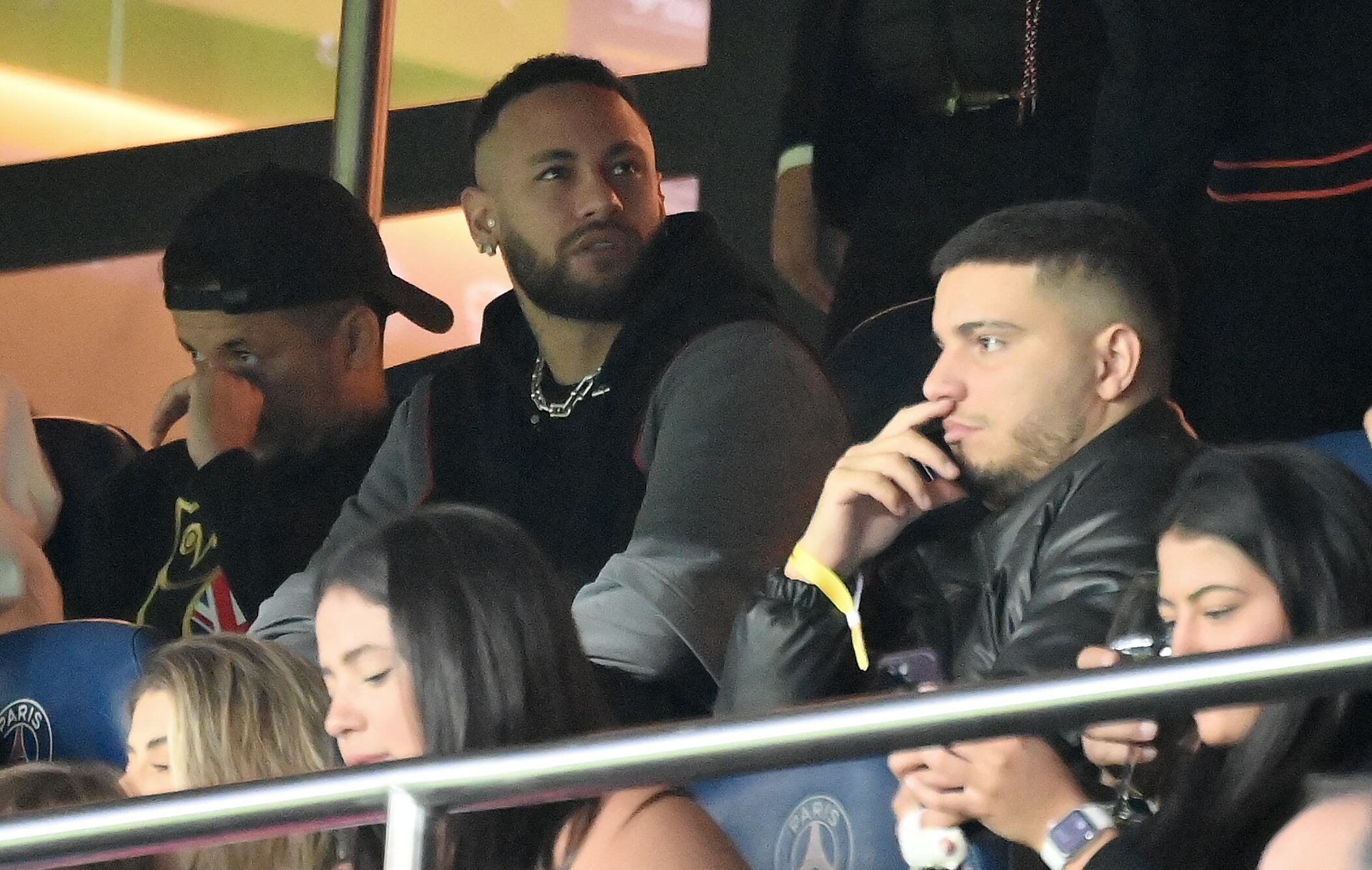 Paris Saint-Germain's Brazilian forward Neymar (2L) attends the French L1 football match between Paris Saint-Germain (PSG) and Ajaccio at the Parc des Princes in Paris on May 13, 2023. (Photo by FRANCK FIFE / AFP)