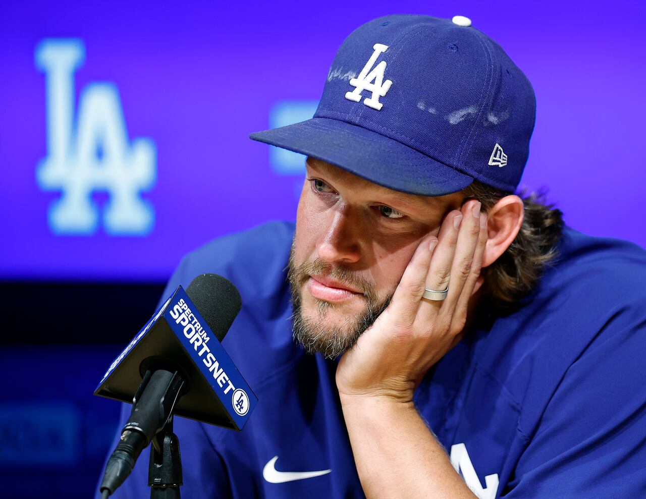 LOS ANGELES, CALIFORNIA - SEPTEMBER 18: Clayton Kershaw #22 of the Los Angeles Dodgers speaks with the media during a press conference announcing his retirement from MLB at Dodger Stadium on September 18, 2025 in Los Angeles, California. (Photo by Ronald Martinez/Getty Images)