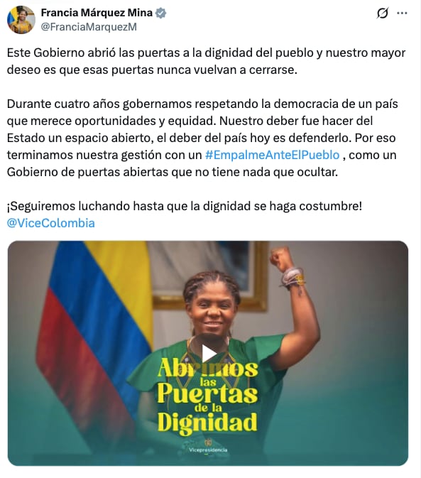 La publicación en X de Francia Márquez.