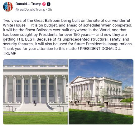 Captura Truth Social Trump salón de baile de la Casa Blanca