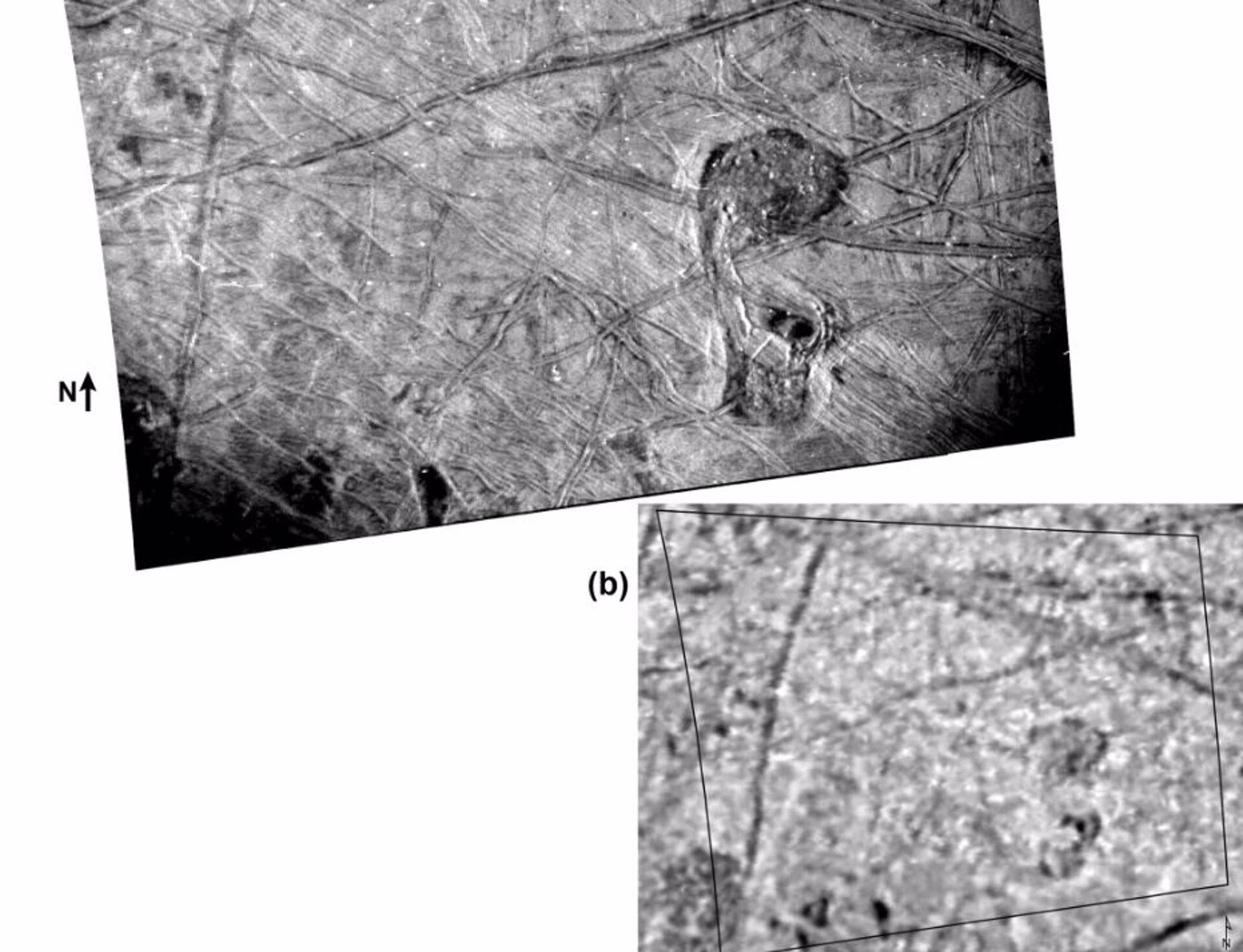 Un área de forma similar a un ornitorrinco en la superficie helada de la luna Europa de Júpiter muestra señales de actividad reciente,