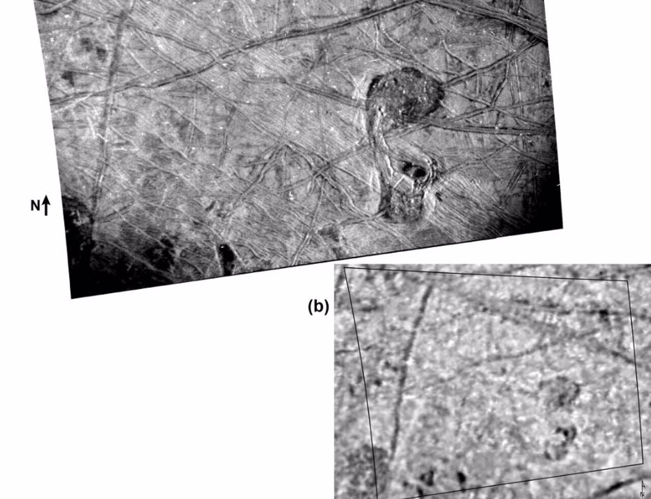 Un área de forma similar a un ornitorrinco en la superficie helada de la luna Europa de Júpiter muestra señales de actividad reciente,