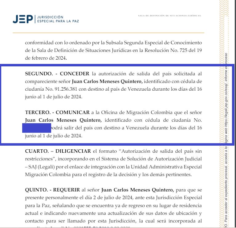 El mayor en retiro Juan Carlos Meneses, condenado a 27 años de prisión, podrá salir del país por decisión de la JEP.