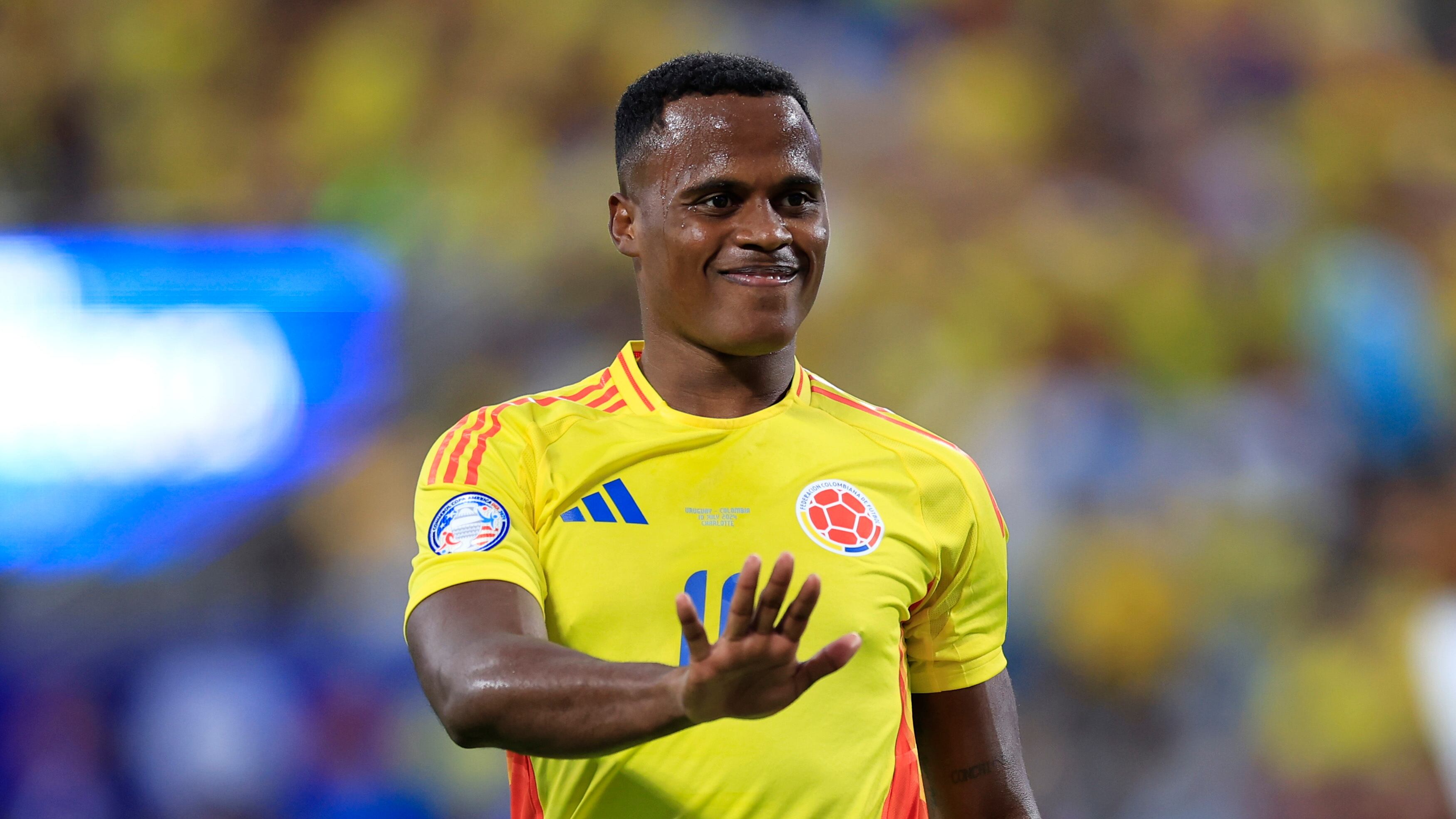 CHARLOTTE, NORTH CAROLINA - JULY 10: Jhon Arias of Colombia gestures during the CONMEBOL Copa America 2024 semifinal match between Uruguay and Colombia at Bank of America Stadium on July 10, 2024 in Charlotte, North Carolina. (Photo by Buda Mendes/Getty Images)