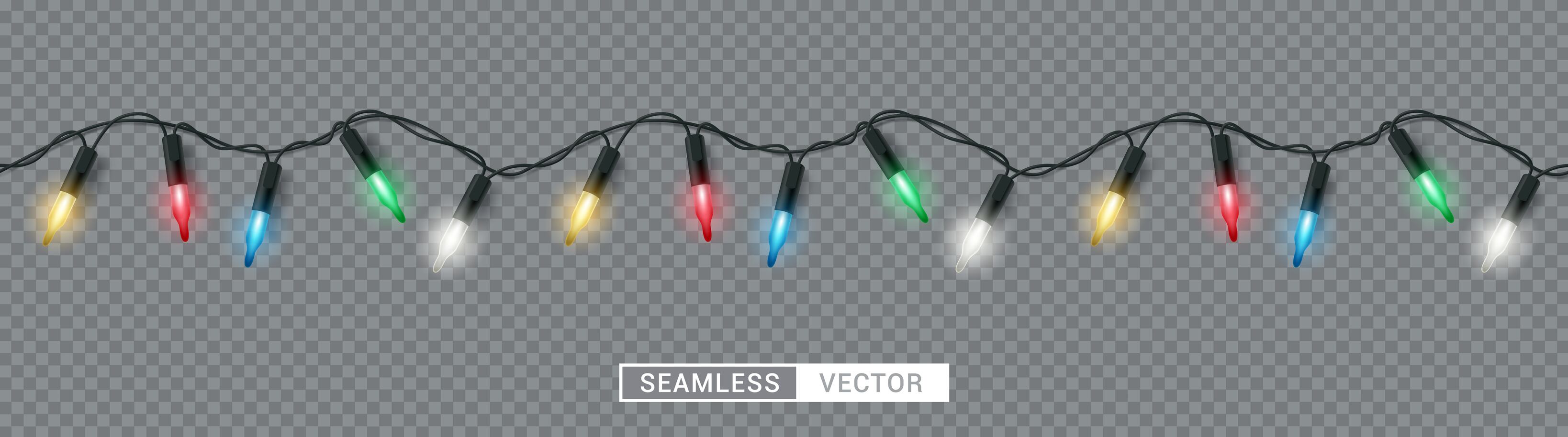 Christmas lights seamless vector design. Christmas garland colorful glowing bulb for xmas holiday decoration background. Vector illustration.