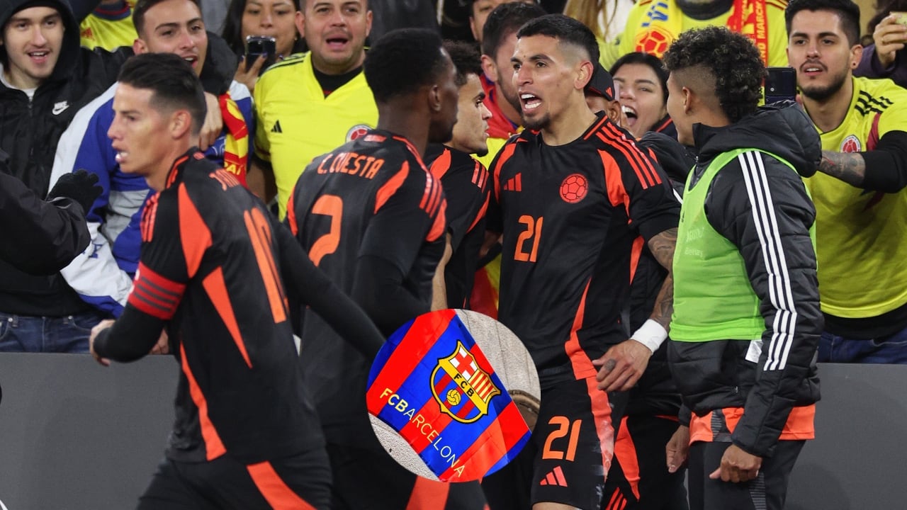 Jugadores de la Selección Colombia y el escudo del Barcelona.