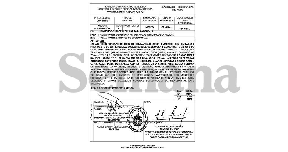 En este documento  se ordena el traslado de drones al Táchira, justo cuando el presidente Duque estaba Villa del Rosario.