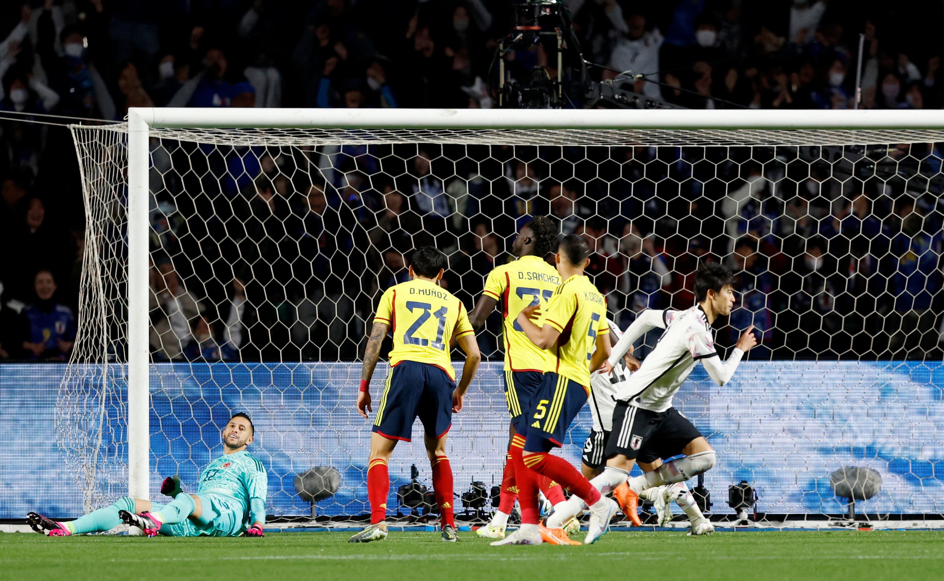 Soccer Football - International Friendly - Japan v Colombia - Yodoko Sakura Stadium, Osaka, Japan - March 28, 2023 Japan's Kaoru Mitoma celebrates after scoring their first goal REUTERS/Issei Kato