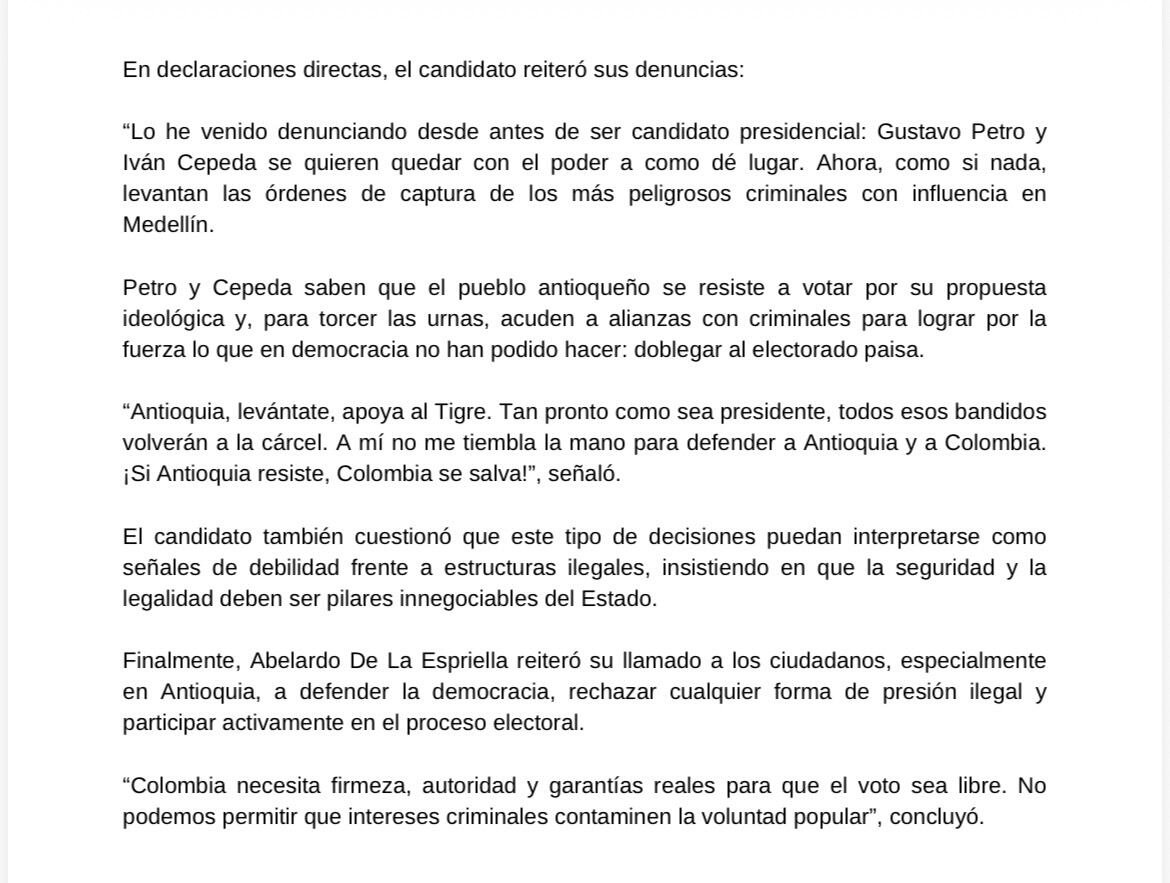 Comunicado Abelardo de la Espriella