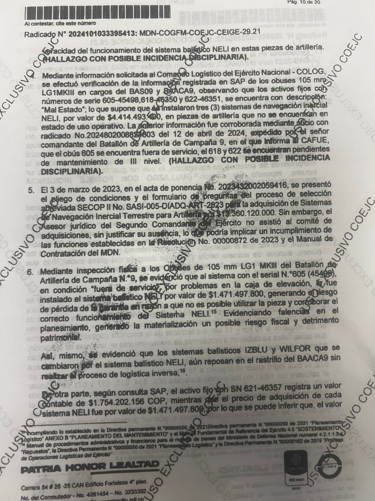 Este documento reservado del Ejército revela que había equipos en mal estado.