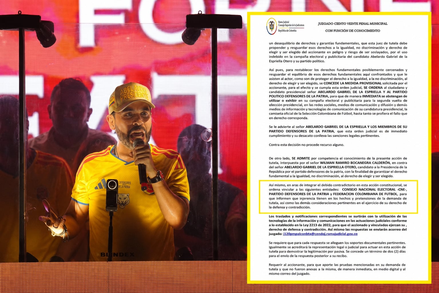 El candidato a la Presidencia, Abelardo de la Espriella celebró con la camiseta de la Selección Colombia los resultados de la primera vuelta.