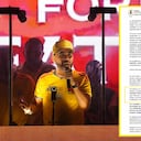El candidato a la Presidencia, Abelardo de la Espriella celebró con la camiseta de la Selección Colombia los resultados de la primera vuelta.