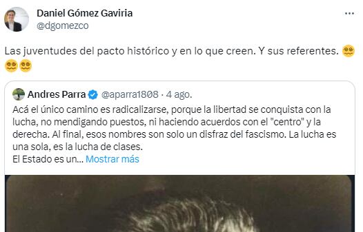 Tuit de Daniel Gómez Gaviria en respuesta a Andrés Parra
