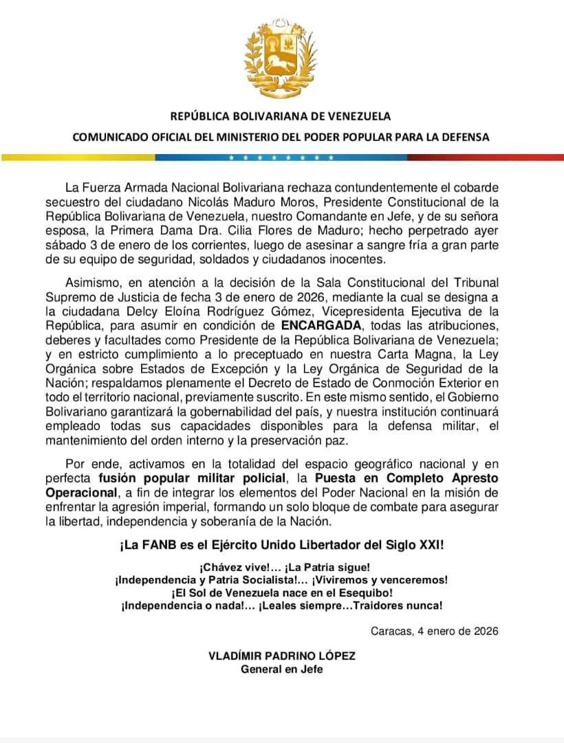 Comunicado emitido por la Fuerza Armada Bolivariana de Venezuela