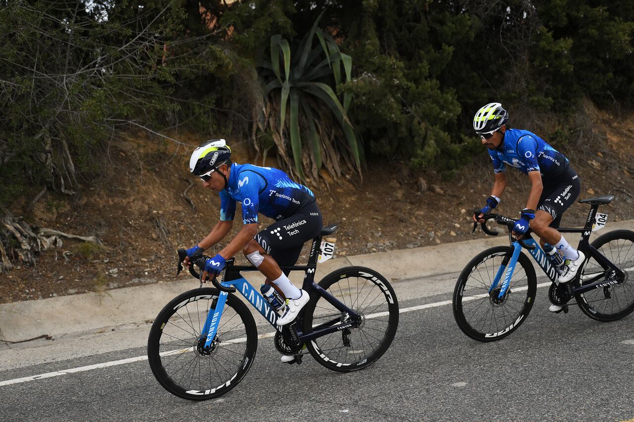 BARCELONA, SPAIN - MARCH 24: (L-R) Nairo Quintana of Colombia and Ivan Ramiro Sosa of Colombia and Movistar Team compete during the 103rd Volta Ciclista a Catalunya 2024, Stage 7 a 145.3km stage from Barcelona to Barcelona / #UCIWT / on March 24, 2024 in Barcelona, Spain. (Photo by David Ramos/Getty Images)