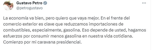El tuit del presidente Gustavo Petro en el que invita a los colombianos a consumir menos gasolina.