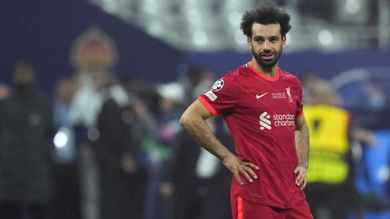 Liverpool's Mohamed Salah reacts after the Champions League final soccer match between Liverpool and Real Madrid at the Stade de France in Saint Denis near Paris, Saturday, May 28, 2022. Real won 1-0. (AP/Petr David Josek)
