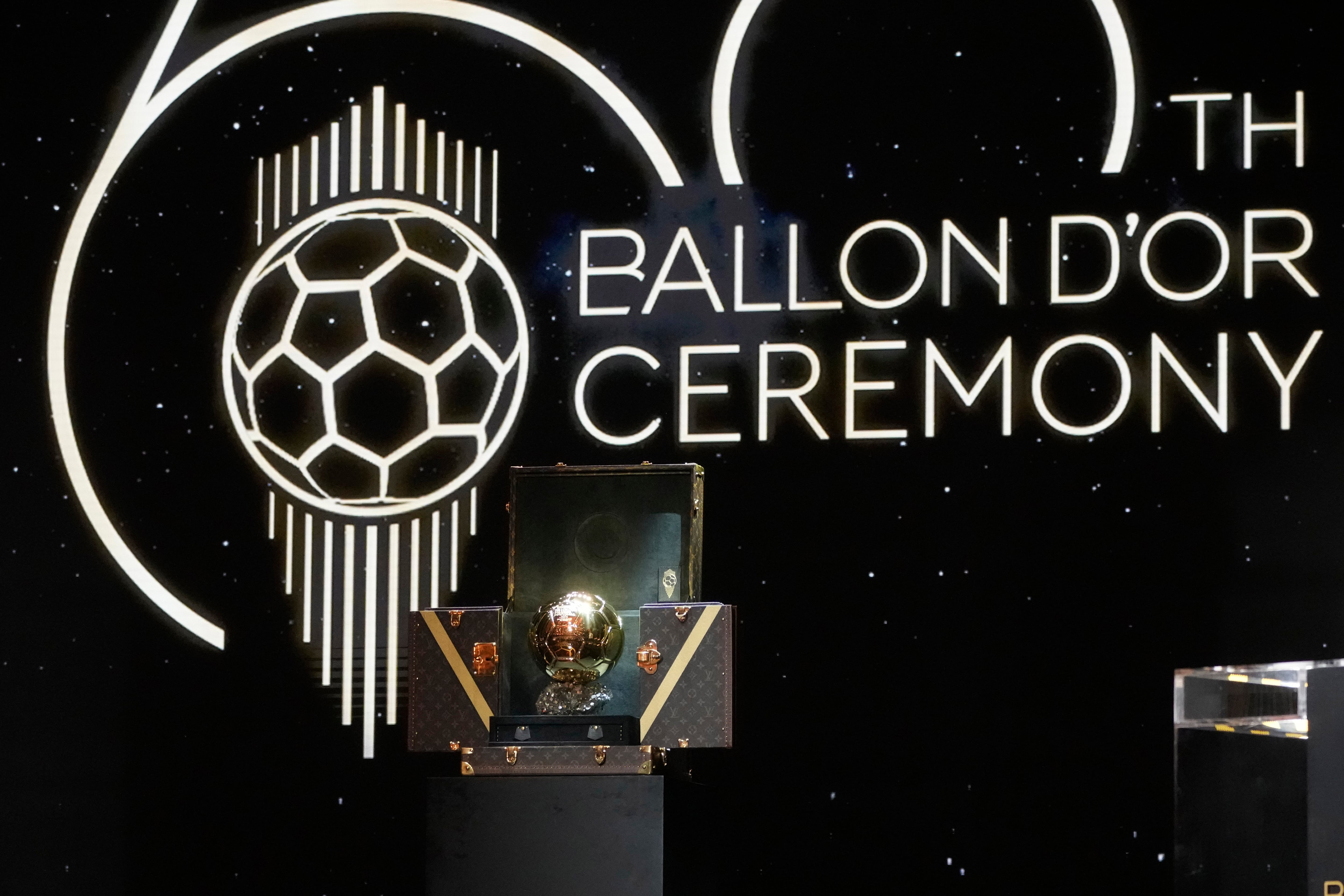 The Golden Ball is shown during the 68th Ballon d'Or (Golden Ball) award ceremony at Theatre du Chatelet in Paris, Monday, Oct. 28, 2024. (AP Photo/Michel Euler)