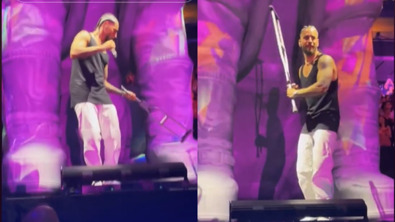 Maluma, por poco, es golpeado por una muleta que le lanzaron desde el público.