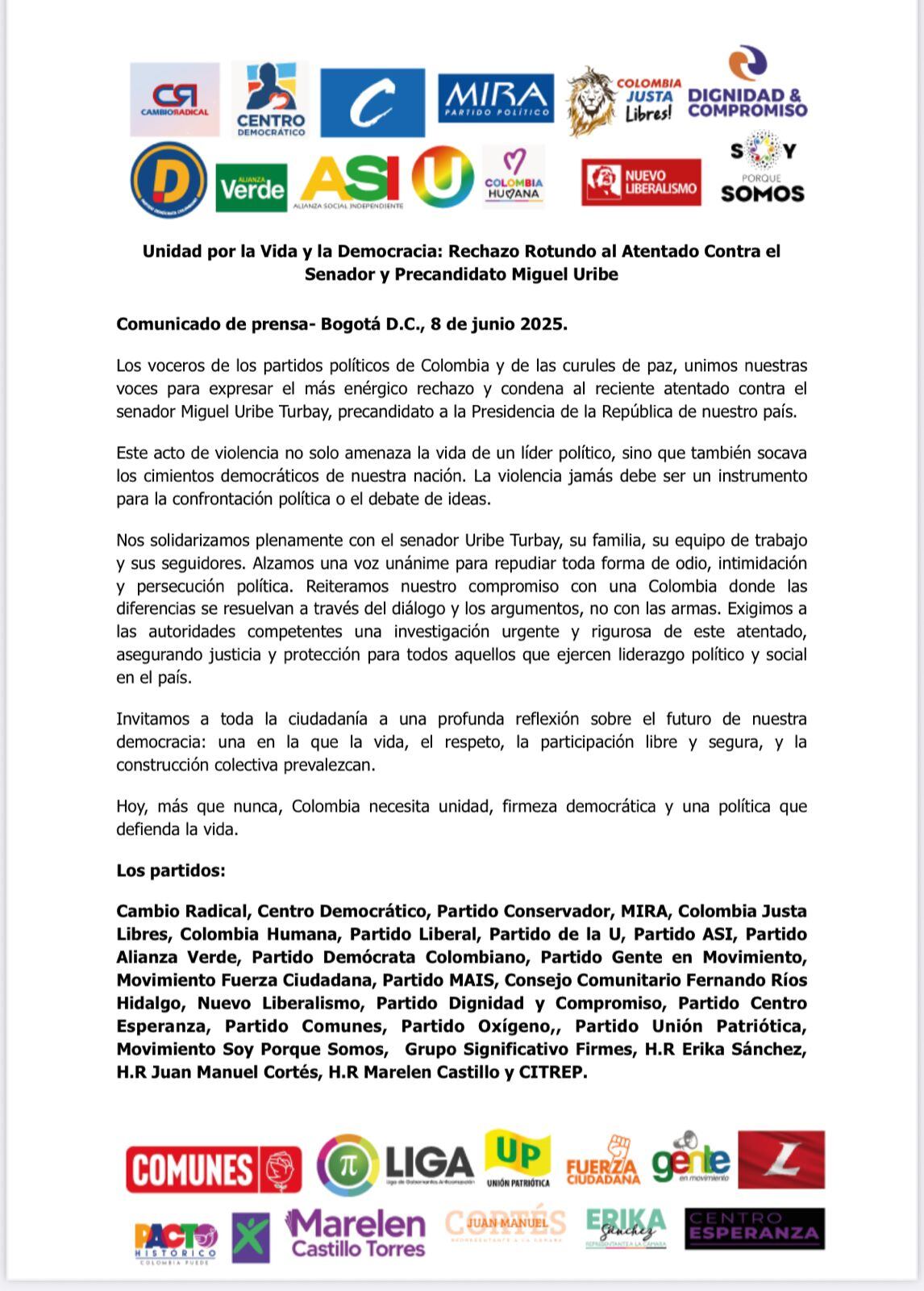 Los diferentes partidos políticos del país se unieron a través de una carta donde expresaron su repudio frente al atentado perpetrado contra Miguel Uribe Turbay.