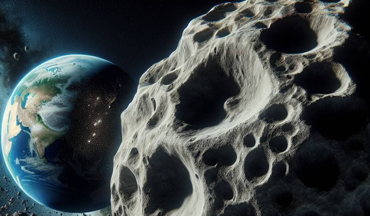 Ilustración creada con IA de un enorme asteroide que se acerca a la Tierra.