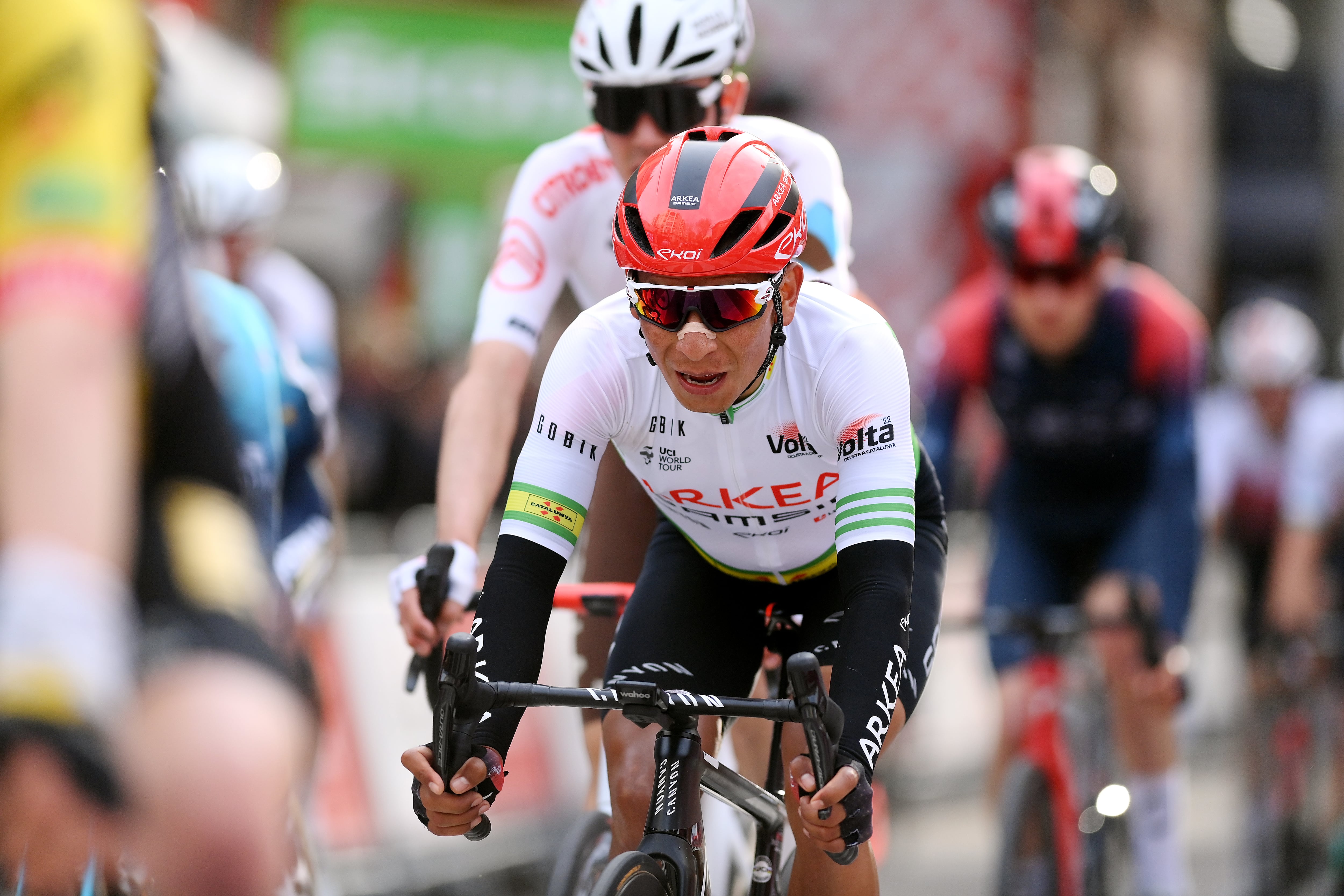 VILANOVA I LA GELTRU, SPAIN - MARCH 25: Nairo Alexander Quintana Rojas of Colombia and Team Arkéa - Samsic green leader jersey reacts after cross the finishing line during the 101st Volta Ciclista a Catalunya 2022 - Stage 5 a 206,3km stage from La Pobla de Segur to Vilanova i la Geltrú / #VoltaCatalunya101 / #WorldTour / on March 25, 2022 in Vilanova i la Geltru, Spain. (Photo by David Ramos/Getty Images)