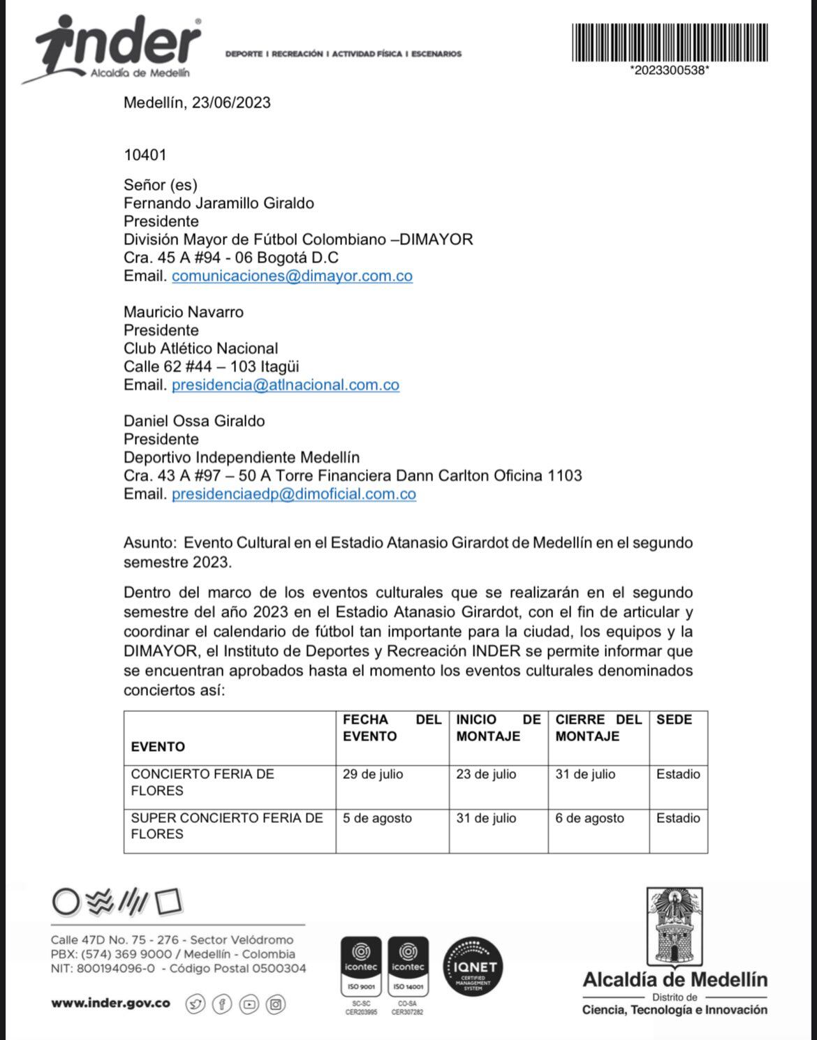 Primera página de la carta enviada por el INDER Medellín