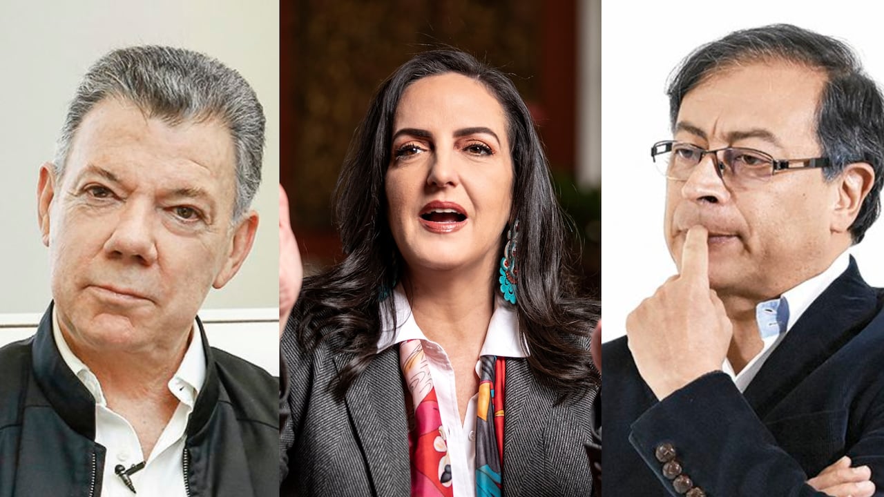 El expresidente Juan Manuel Santos, la senadora María Fernanda Cabal y el presidente Gustavo Petro.