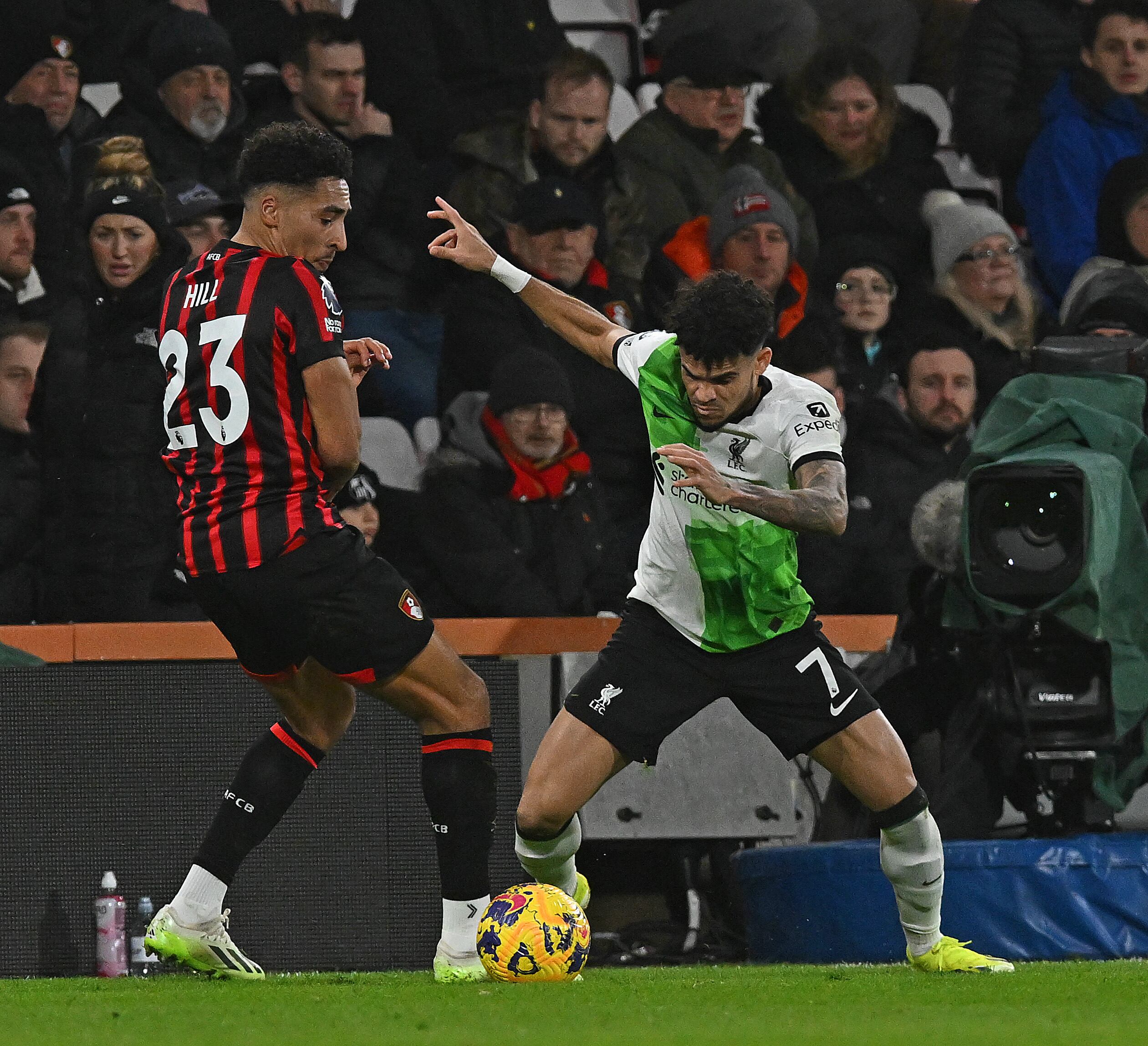 BOURNEMOUTH, ENGLAND - JANUARY 21: (THE SUN OUT. THE SUN ON SUNDAY OUT) Luis Diaz of Liverpool in action during the Premier League match between AFC Bournemouth and Liverpool FC at Vitality Stadium on January 21, 2024 in Bournemouth, England. (Photo by John Powell/Liverpool FC via Getty Images)