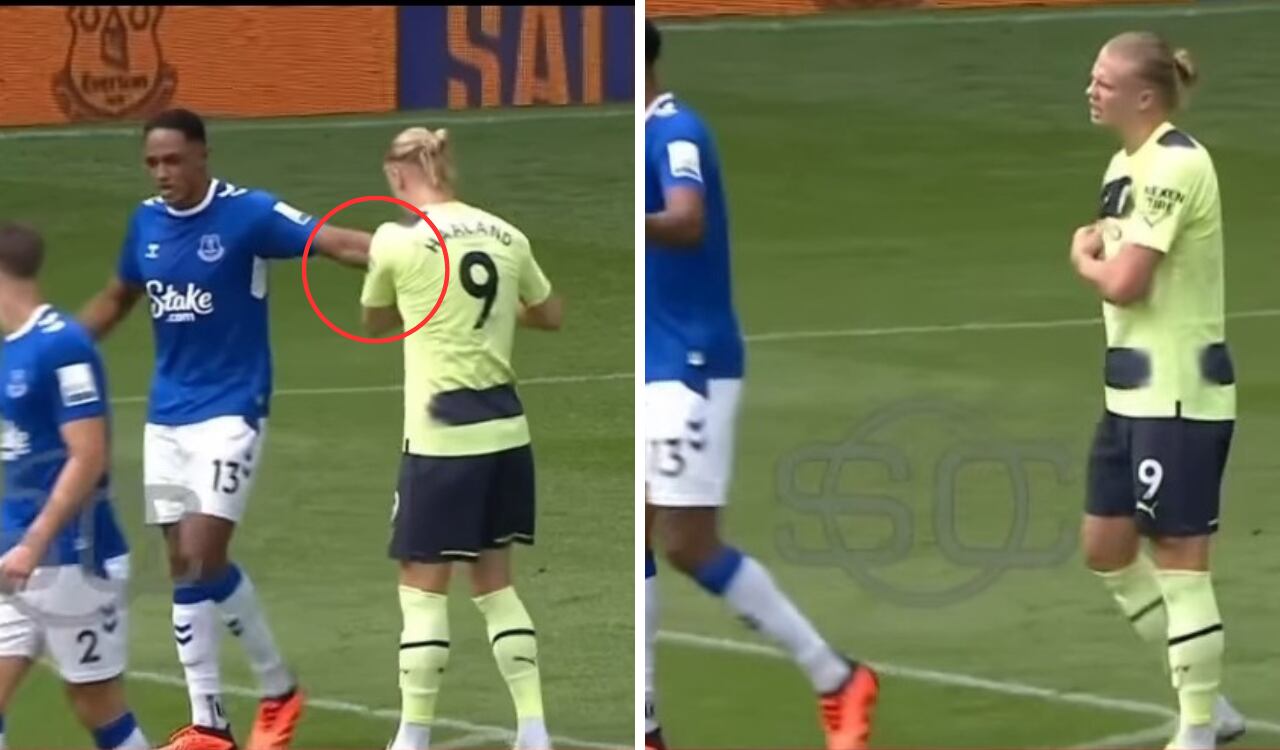 Yerry Mina quiso parar a su rival de Manchester City con pellizcos.