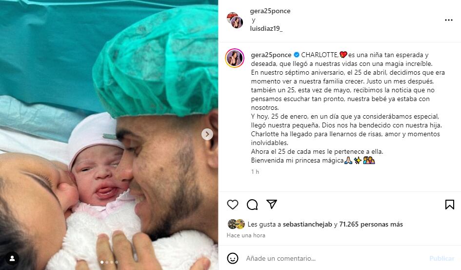 Luis Díaz y Geraldine Ponce dieron a conocer la llegada de su segunda hija, Charlotte, en sus perfiles Instagram