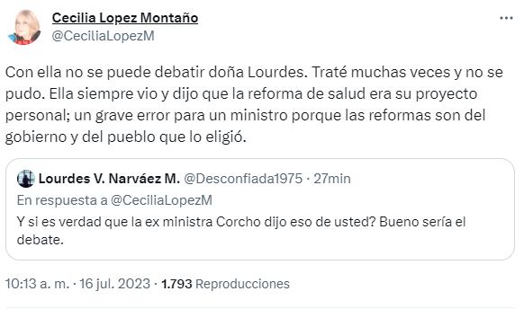 Cecilia López publicó varios trinos respondiendo a los cuestionamientos hechos por los internautas a partir de lo dicho por Carolina Corcho.