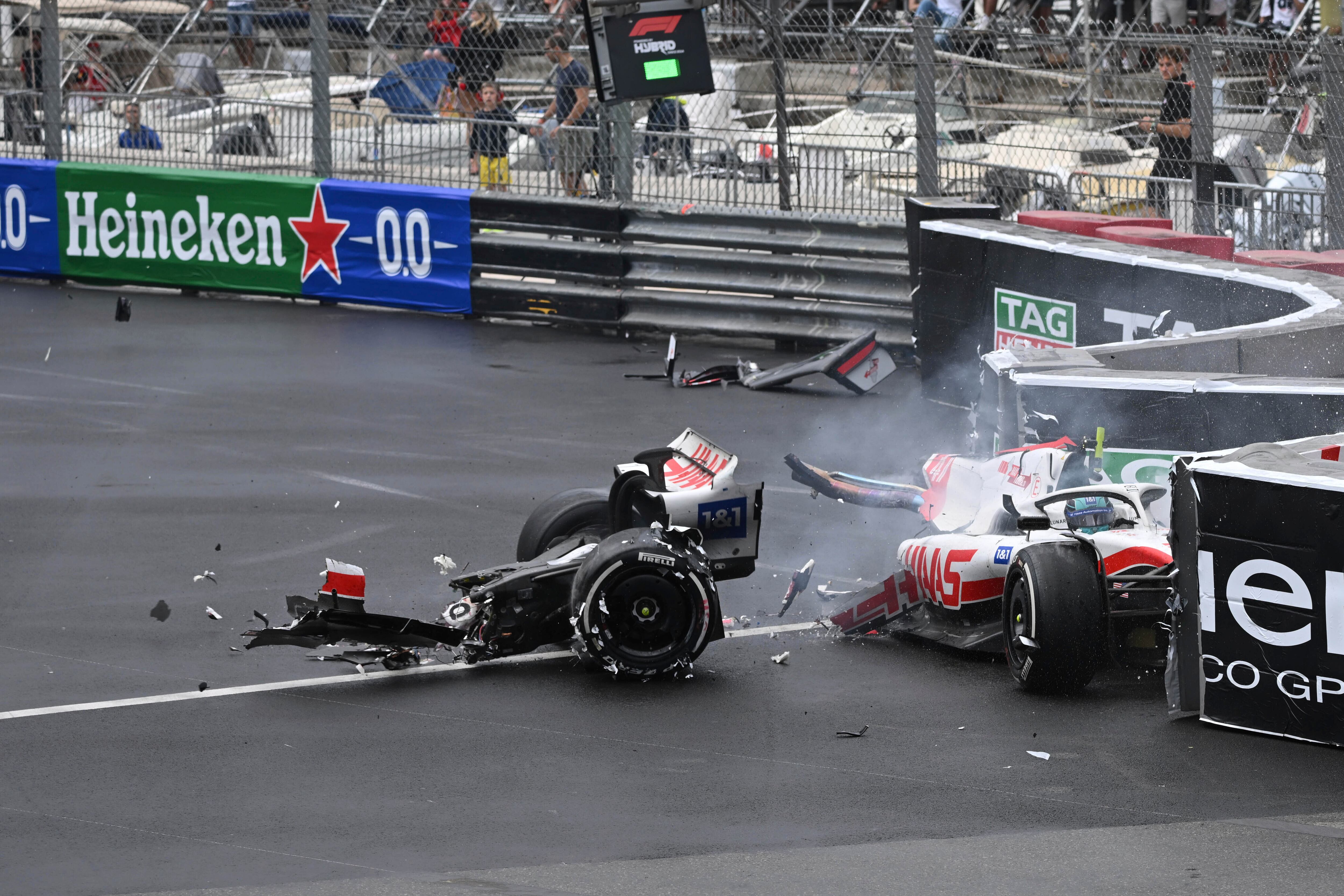 Haas driver Mick Schumacher of Germany crashes during the Monaco Formula One Grand Prix, at the Monaco racetrack, in Monaco, Sunday, May 29, 2022. (Pool Photo/Christian Bruna/Via AP)