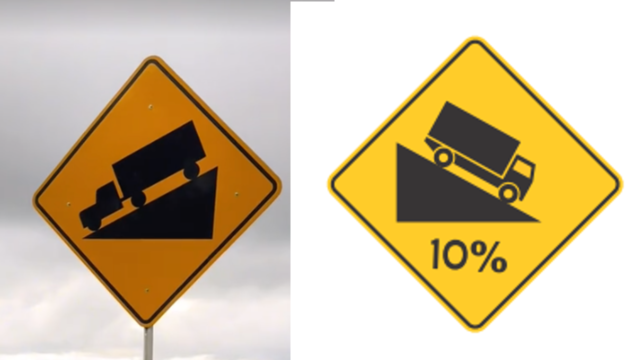 La señal SP-27 está diseñada para avisar sobre un descenso pronunciado y sirve para que los conductores tomen precauciones ante una pendiente.