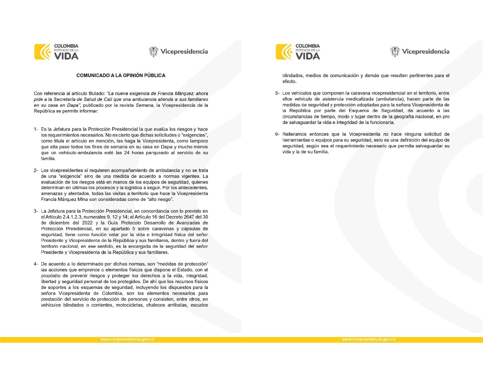 Comunicado de la Vicepresidencia de la República sobre las "exigencias" de Francia Márquez