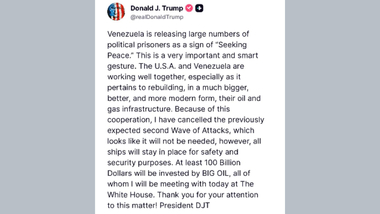 En un comunicado oficial, la Casa Blanca informó que el presidente Donald Trump canceló cualquier plan de una segunda ofensiva militar contra Venezuela, citando avances políticos y liberaciones de presos como factores clave en la decisión.