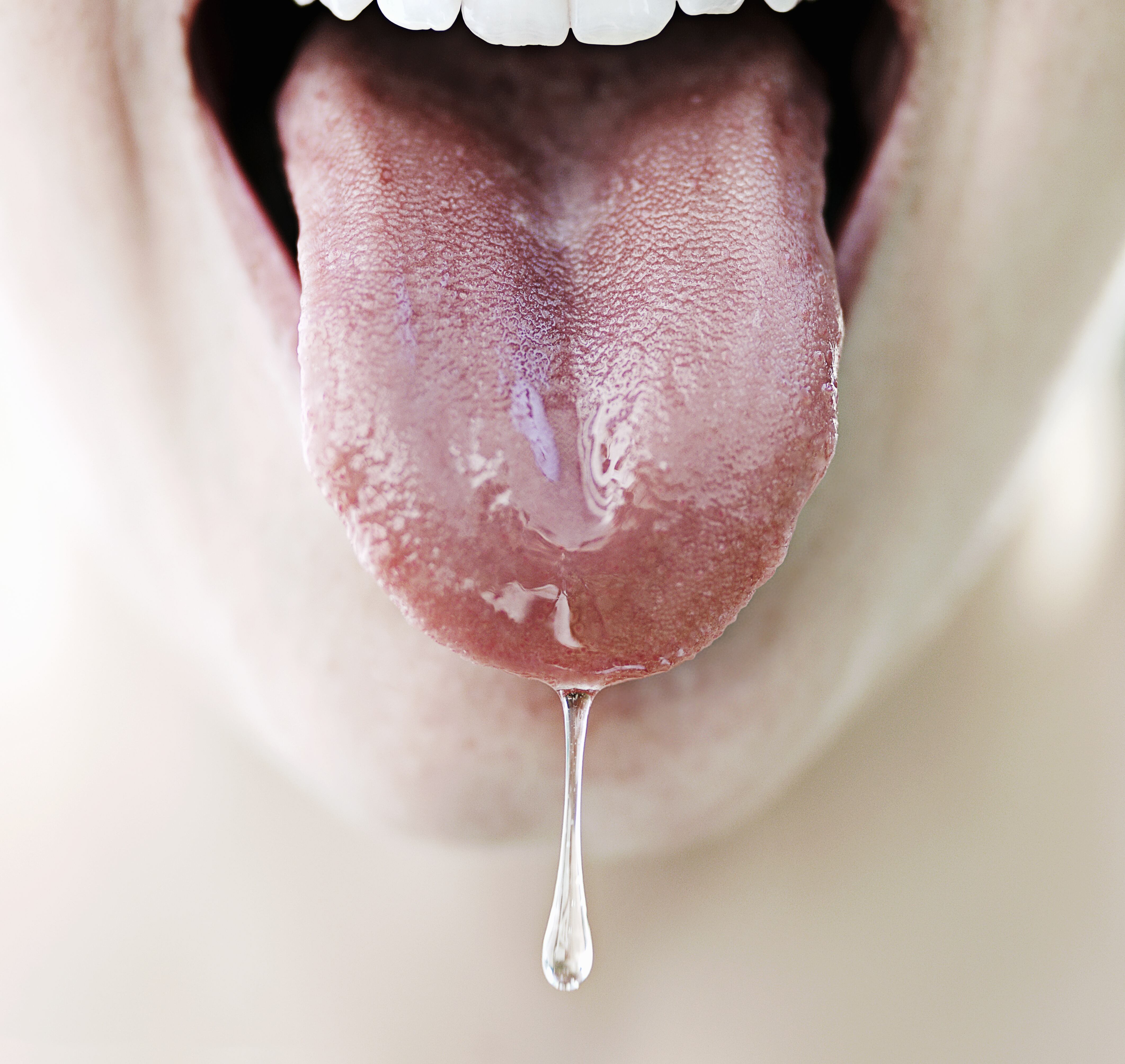 Lengua de mujer, goteo, con, saliva, primer plano