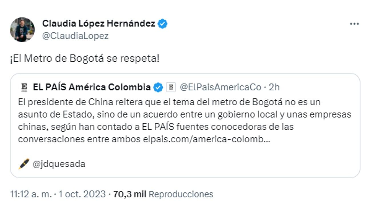 Así se pronunció la alcaldesa Claudia López sobre la respuesta que le habría dado el gobierno de Xi Jinping al presidente Petro