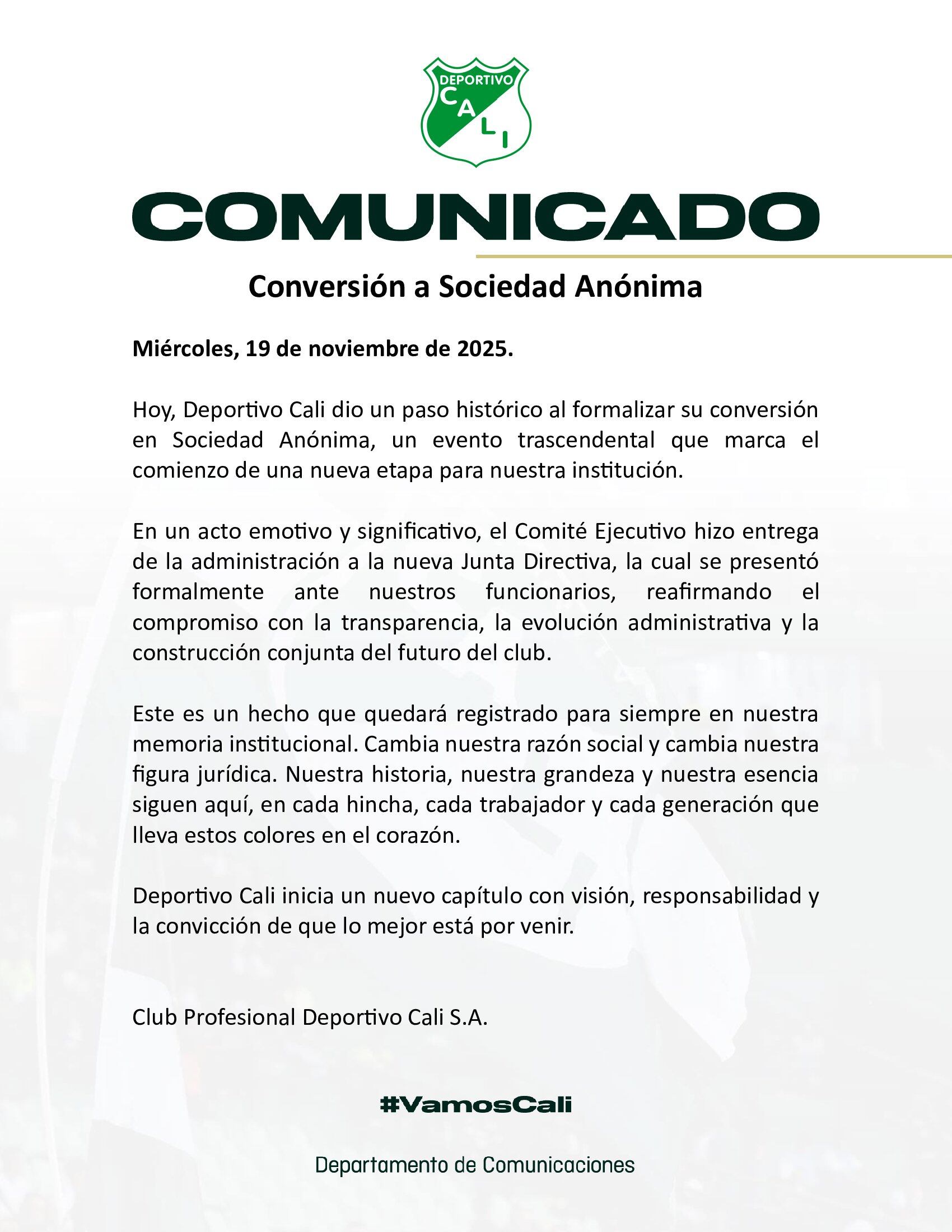 Comunicado oficial sobre el cambio de nombre del Deportivo Cali.