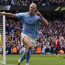 Manchester City's Erling Haaland celebrates after scoring his side's third goal during the English Premier League soccer match between Manchester City and Manchester United at Etihad stadium in Manchester, England, Sunday, Oct. 2, 2022. (Martin Rickett/PA via AP)