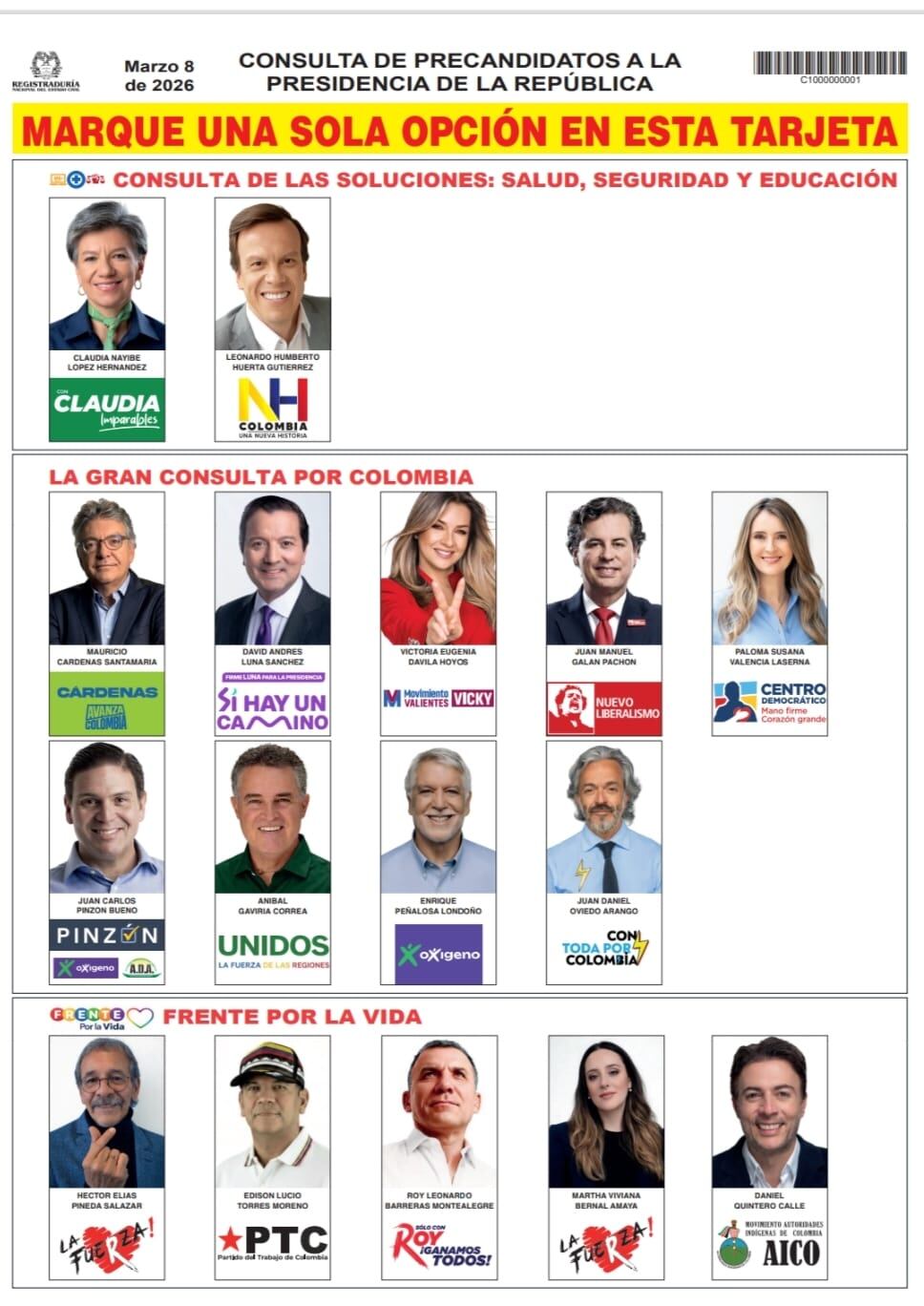 Tarjetón de las consultas en las elecciones del 8 de marzo de 2026