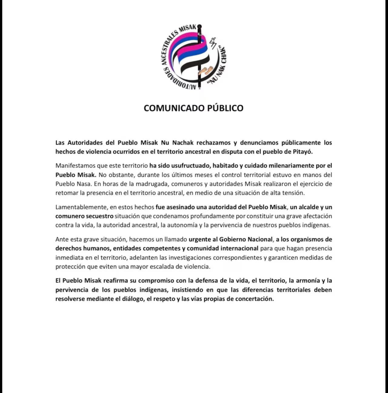 Comunicado oficial del pueblo Misak.
