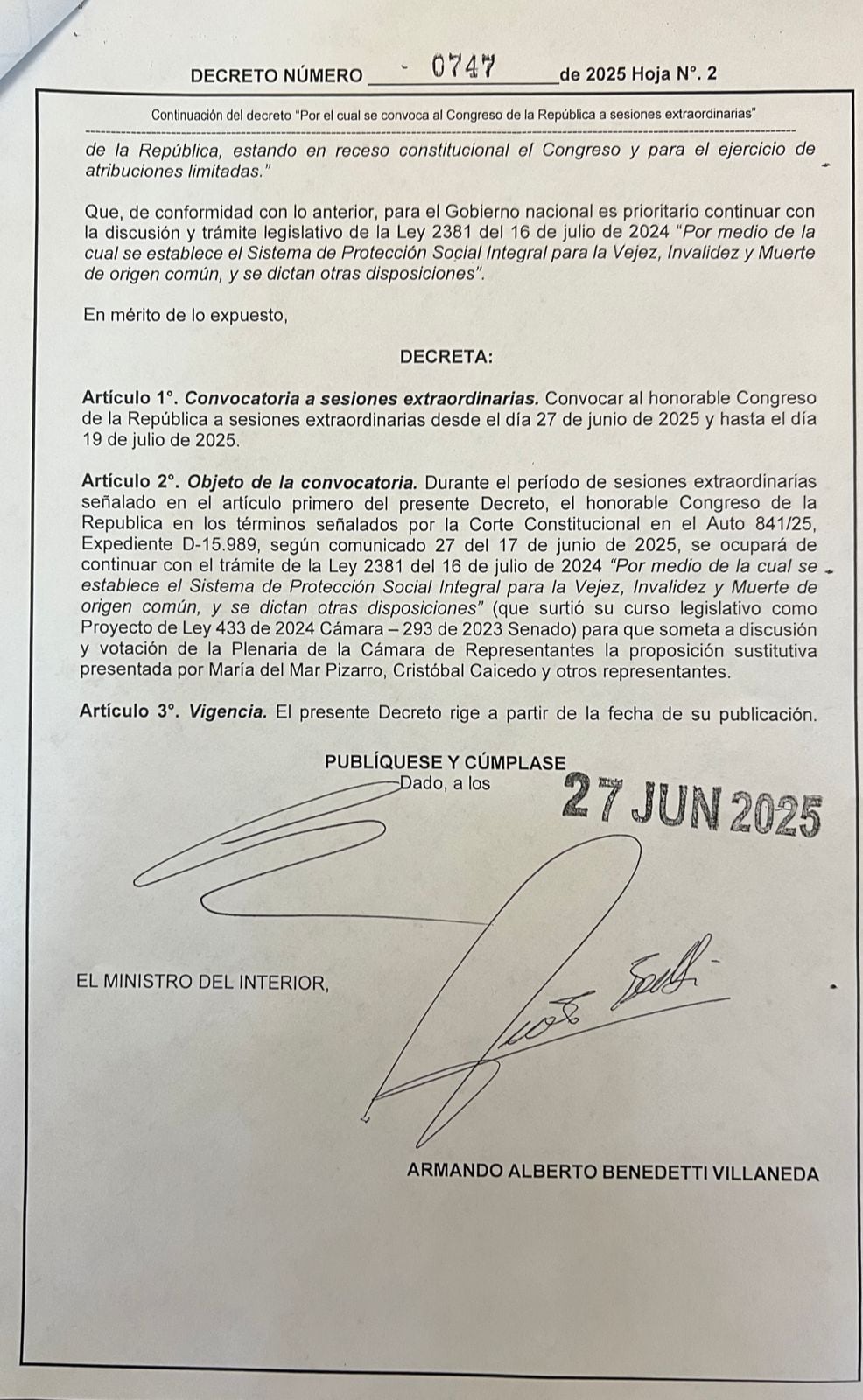 Decreto sesiones extras reforma pensional