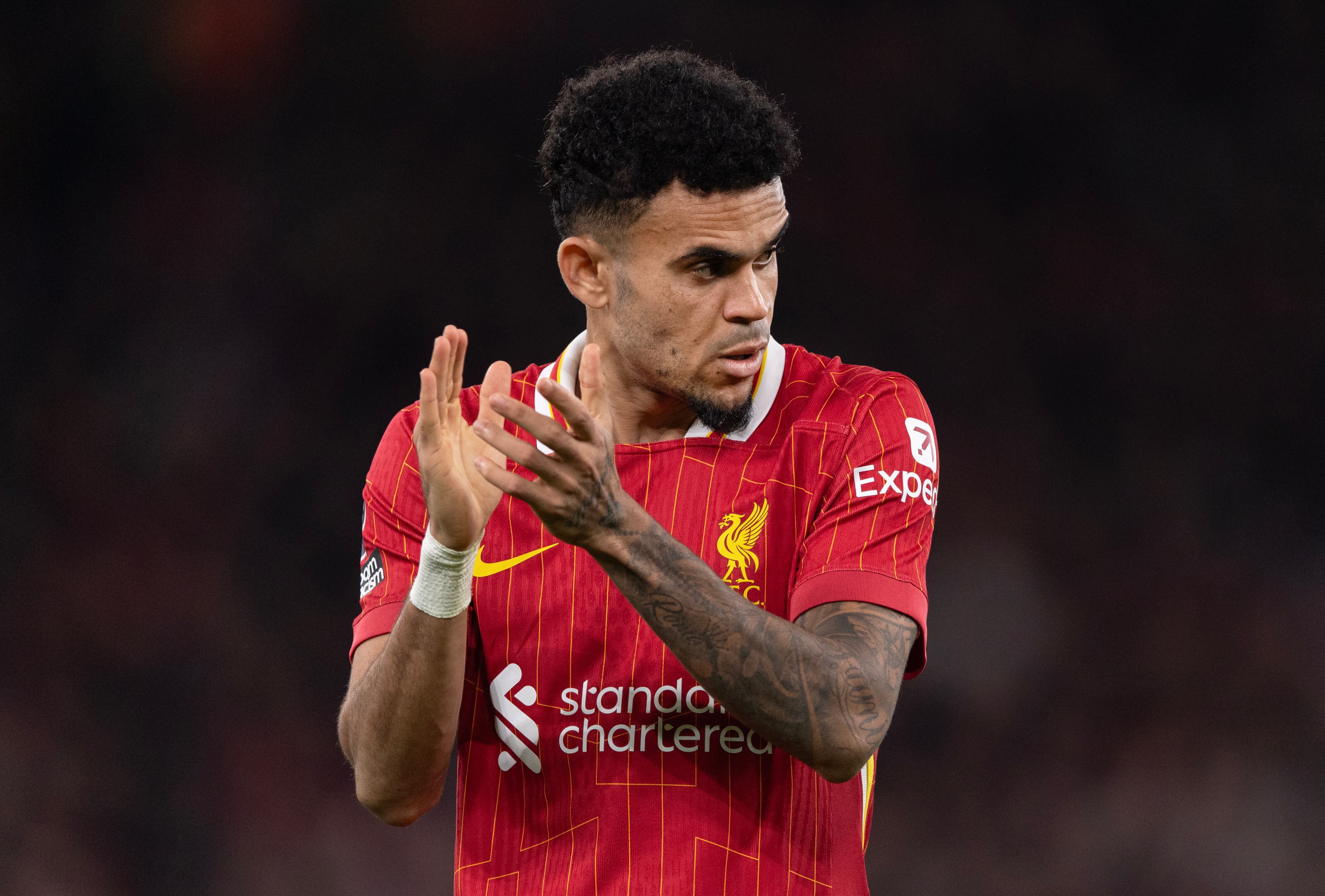 LIVERPOOL, ENGLAND - DECEMBER 1: Luis Diaz of Liverpool during the Premier League match between Liverpool FC and Manchester City FC at Anfield on December 1, 2024 in Liverpool, England. (Photo by Visionhaus/Getty Images)