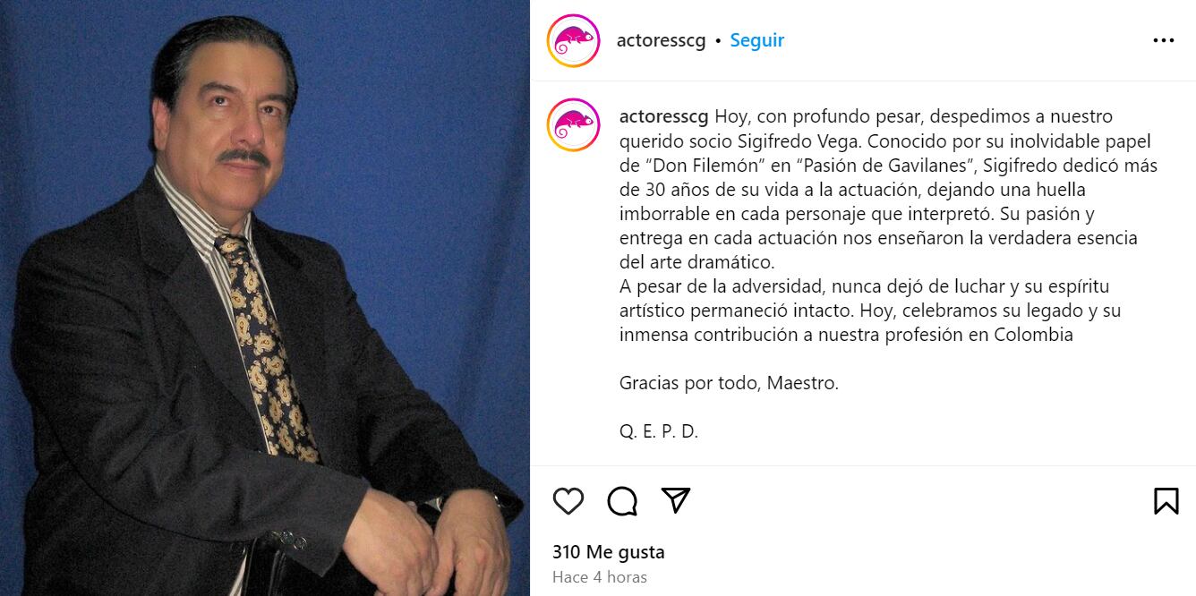 El actor Sigifredo Vega falleció este sábado, 29 de junio.