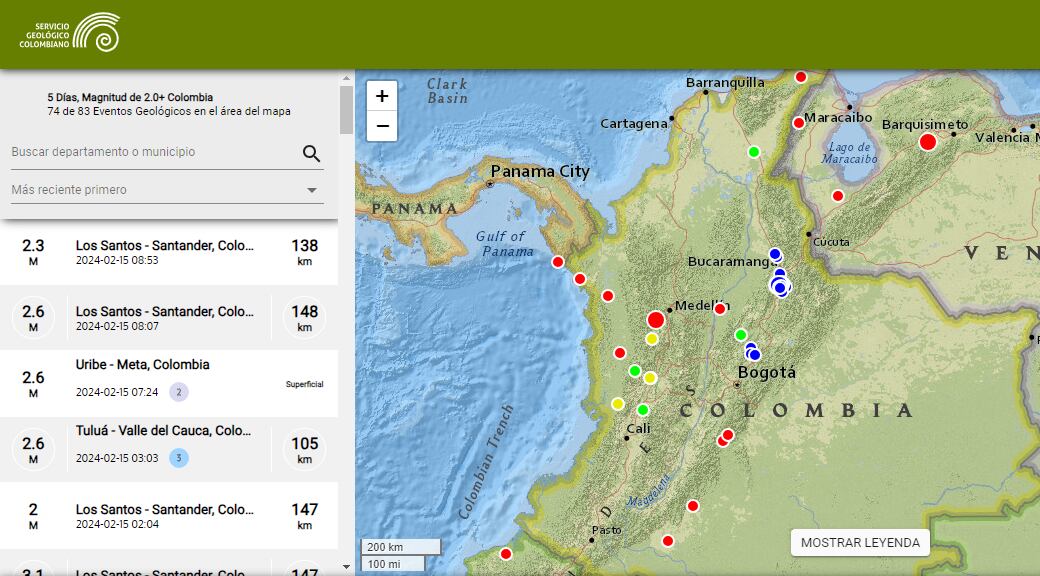 Actividad sísmica en Colombia este 15 de febrero.