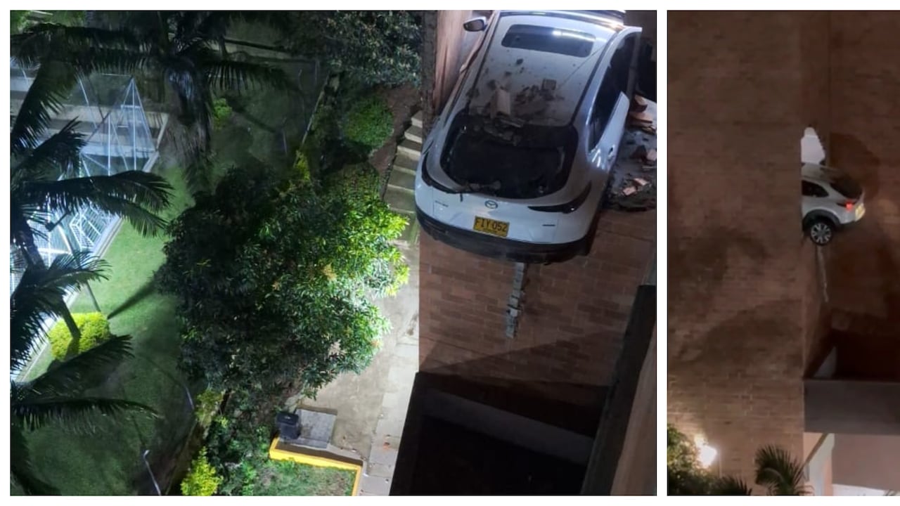 Carro quedó colgando desde un cuarto piso en Mirador de la Arboleda, en Medellín.