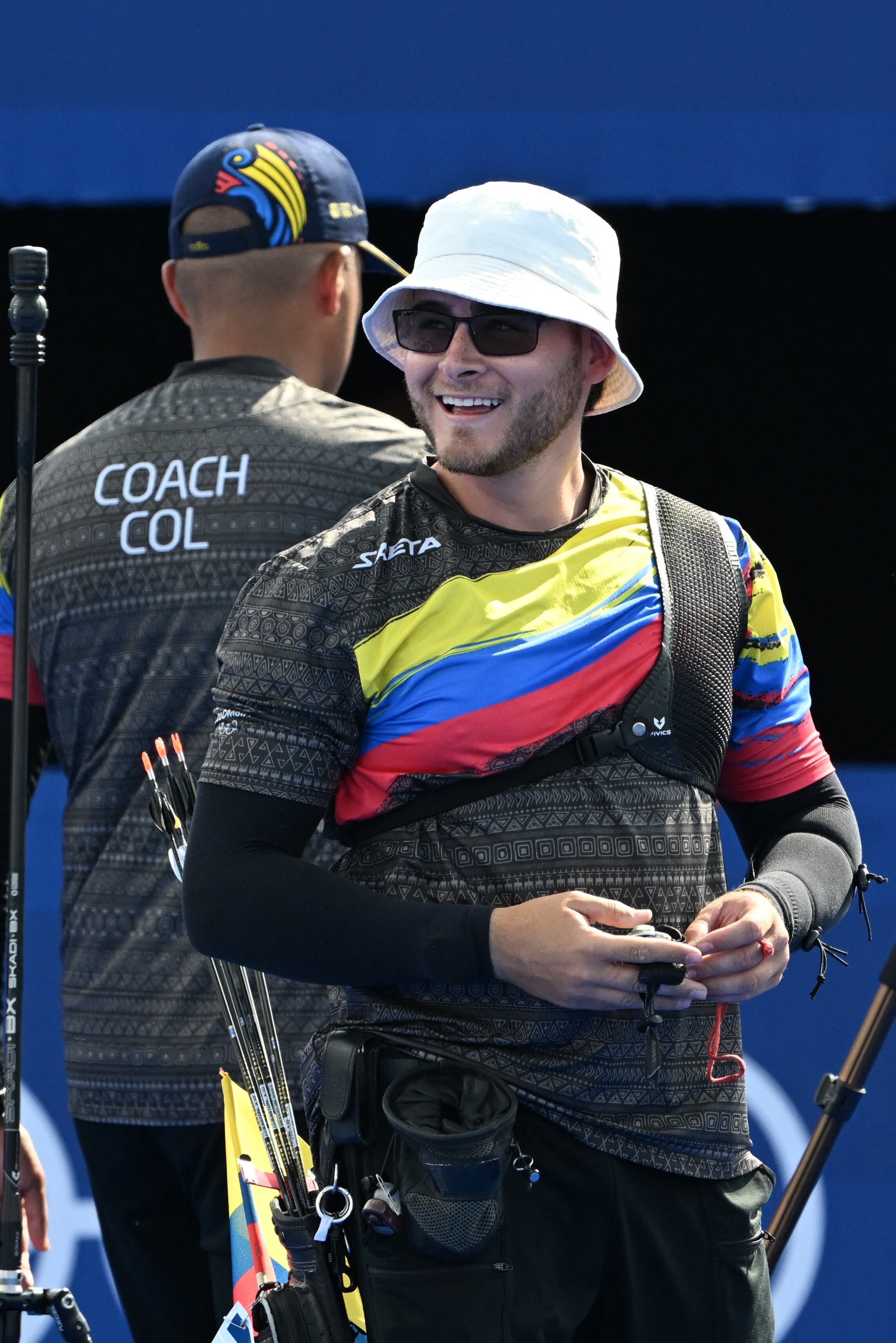 Colombia�s Santiago Arcila reacts during the archery men's individual elimination round during the Paris 2024 Olympic Games at the Esplanade des Invalides in Paris on August 1, 2024. (Photo by Punit PARANJPE / AFP)