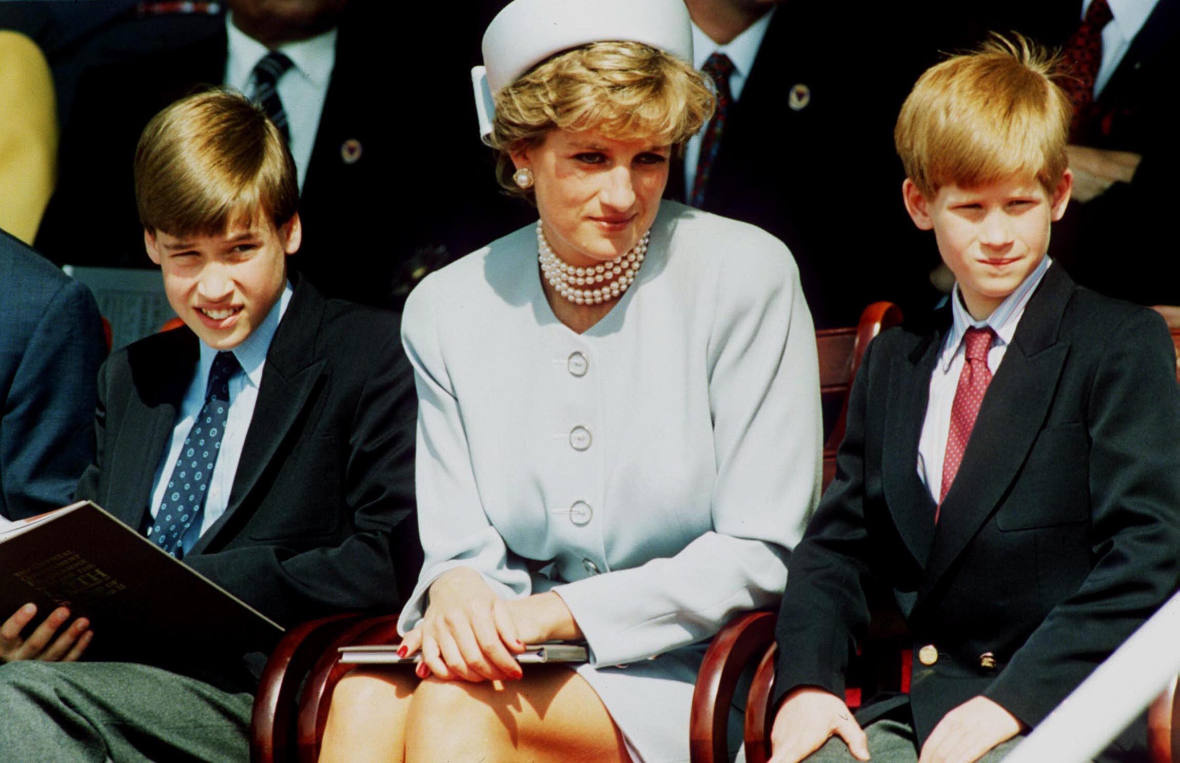 LONDON - MAY 7: (FILE PHOTO) Princess Diana, Princess of Wales with her sons Prince William and Prince Harry attend the Heads of State VE Remembrance Service in Hyde Park on May 7, 1995 in London, England.   (Photo by Anwar Hussein/Getty Images)