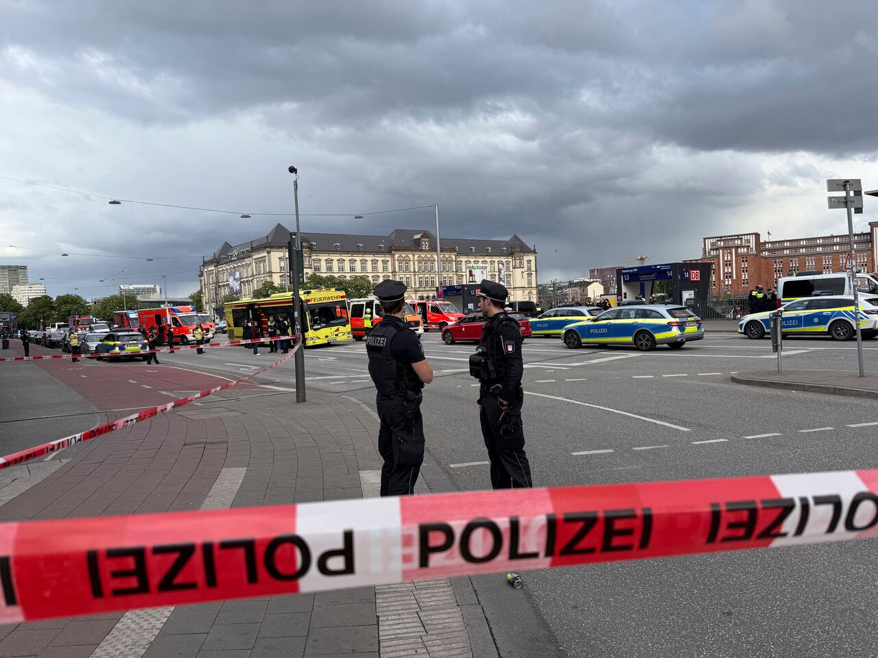 Police near the scene of a stabbing at Hamburg Central Station in Hamburg, Germany, Friday, May 23, 2025. (Steven Hutchings/dpa via AP)